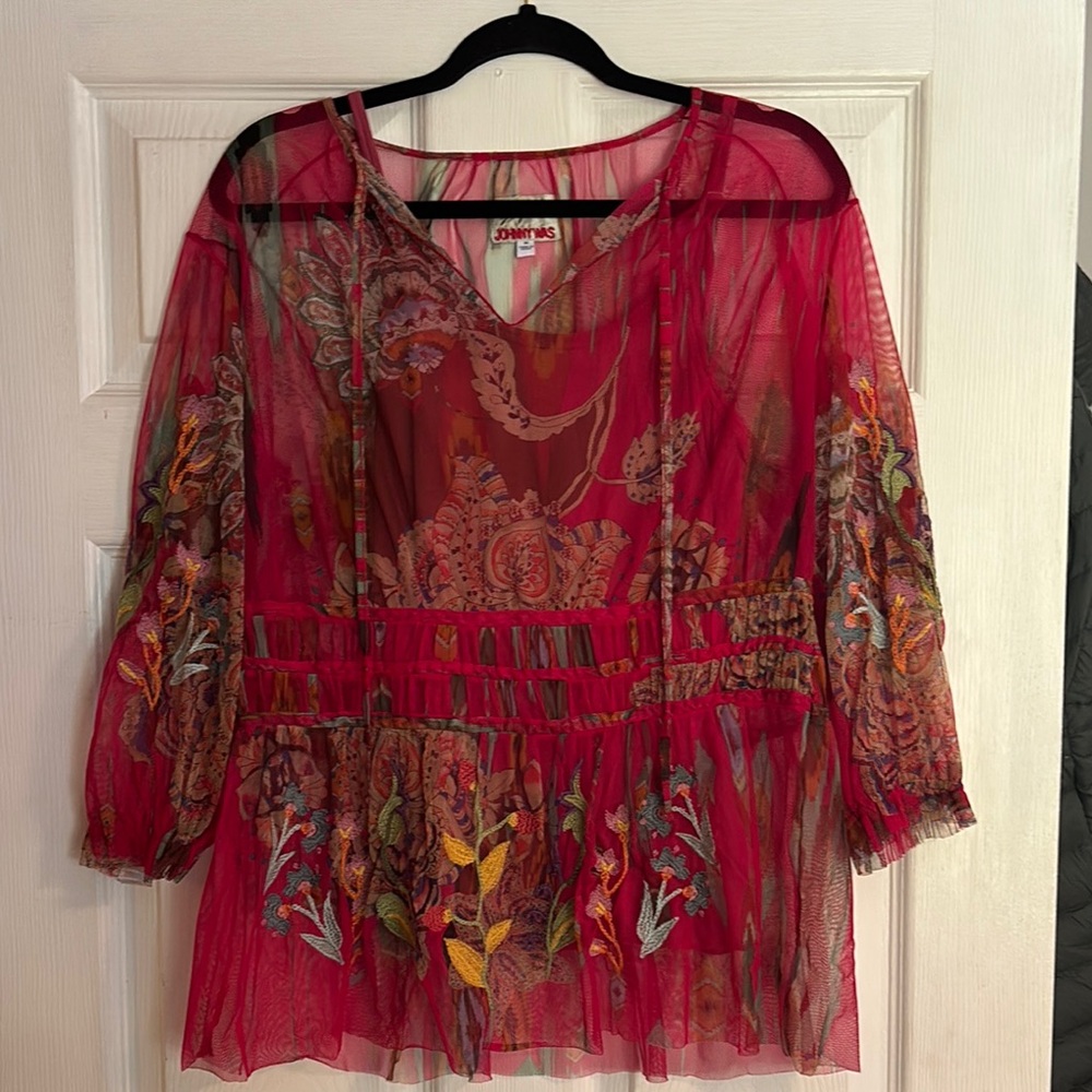 Johnny Was red Embellished Sheer mesh Blouse with 3/4 Sleeves